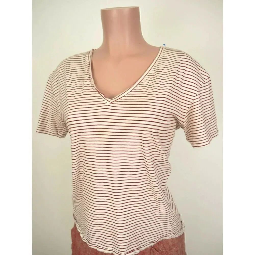 Zara Top Womens Small V-Neck Red White Stripe Short Sleeve T-Shirt Size Small